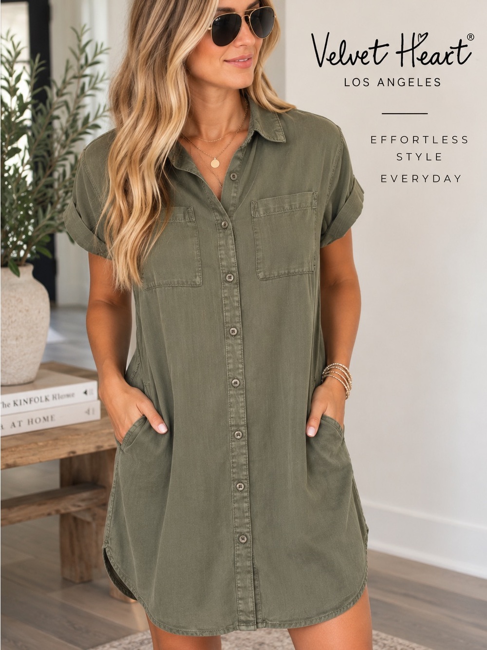 Velvet Heart Olive Green Tencel Button Front Shirt Dress Size Small NEW